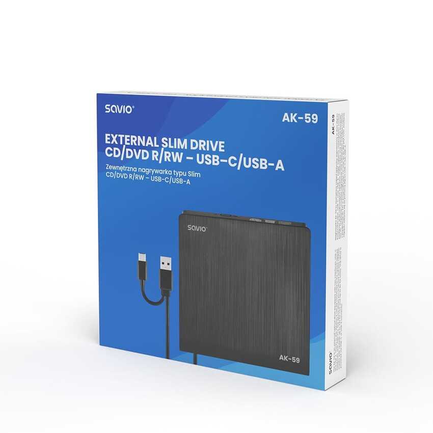 Zunanji USB DVD pogon SAVIO AK-59 CD/DVD R/RW USB A + USB C